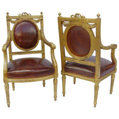 Pair of Louis XVI Style Armchairs with Leather, circa 1900