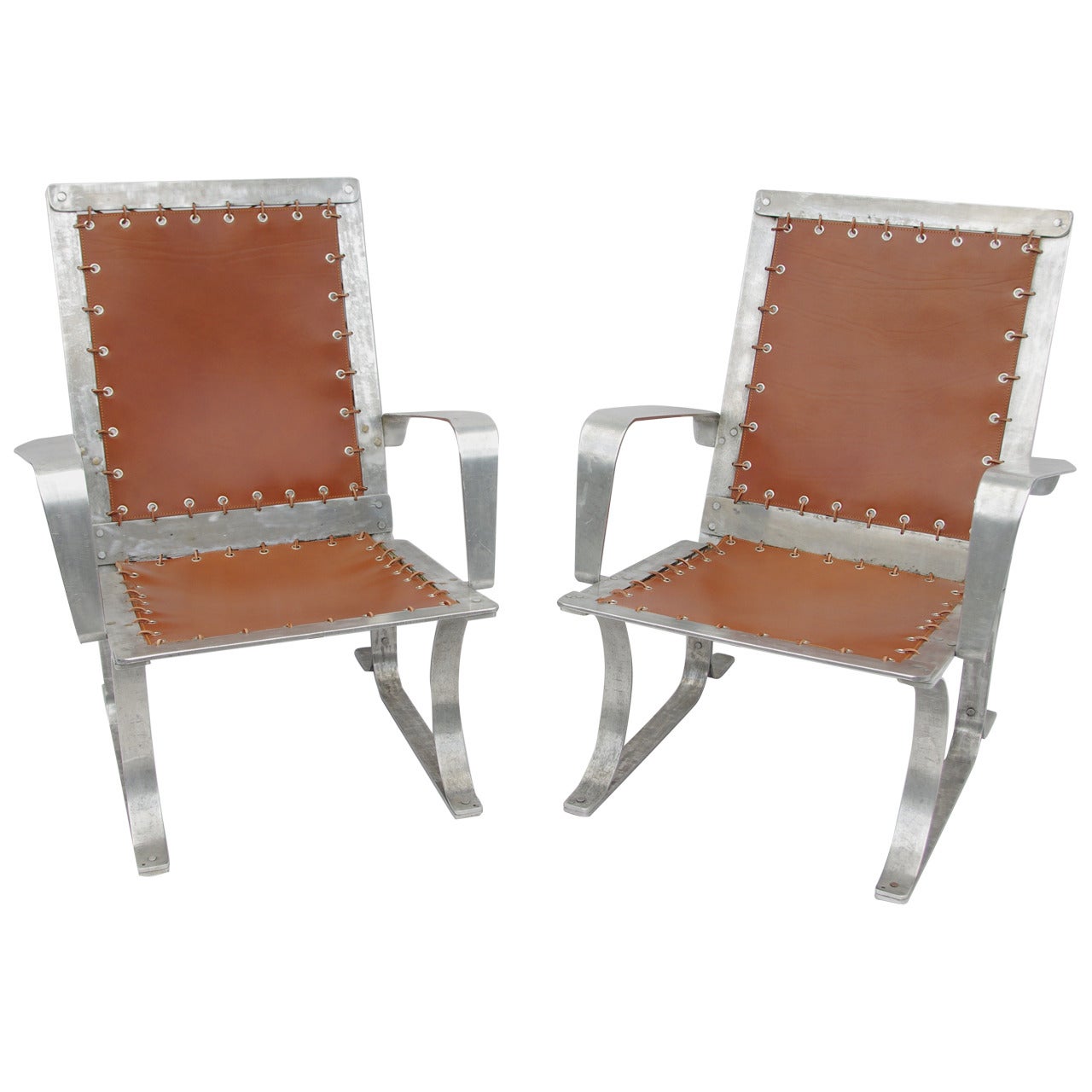 Pair of Aluminium and Leather Armchairs, circa 1960