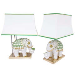 Large Pair Of Elephants Lamps In Italian Porcelain