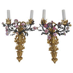 Pair of Louis XVI Style Wall Lights or Sconces with Porcelain Flowers