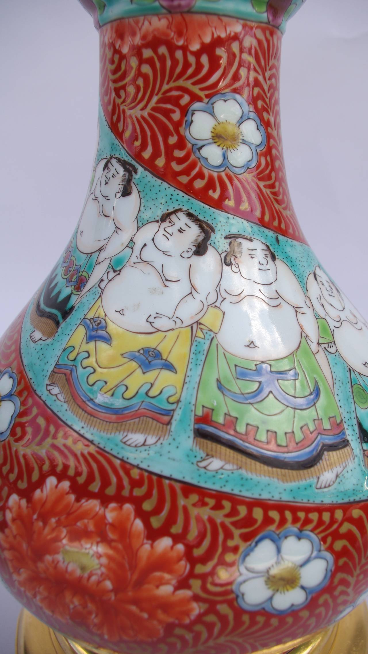Pair of Kutani Lamps with Sumos, 19th Century