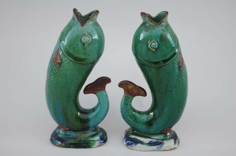 Pair of Fishes, enameled stoneware Soliflore Vases, circa 1920