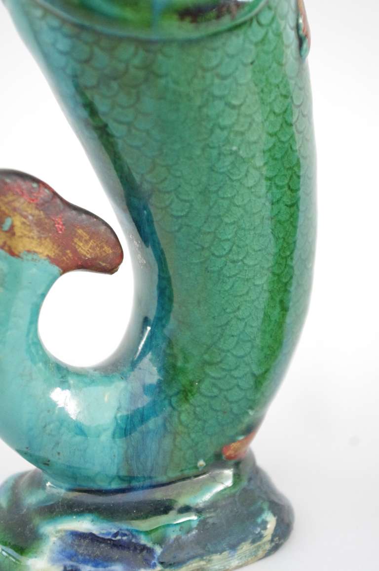 European Pair of Fishes, enameled stoneware Soliflore Vases, circa 1920