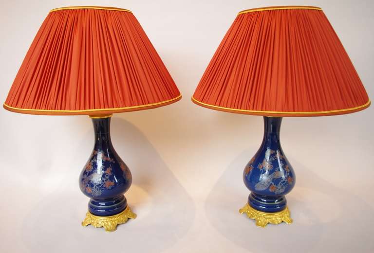 Pair of Blue Porcelain Lamps With Peacock Decor, Circa 1880