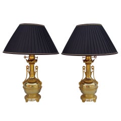 Antique Pair of gilt brass and bronze bottle-shaped lamps, circa 1880