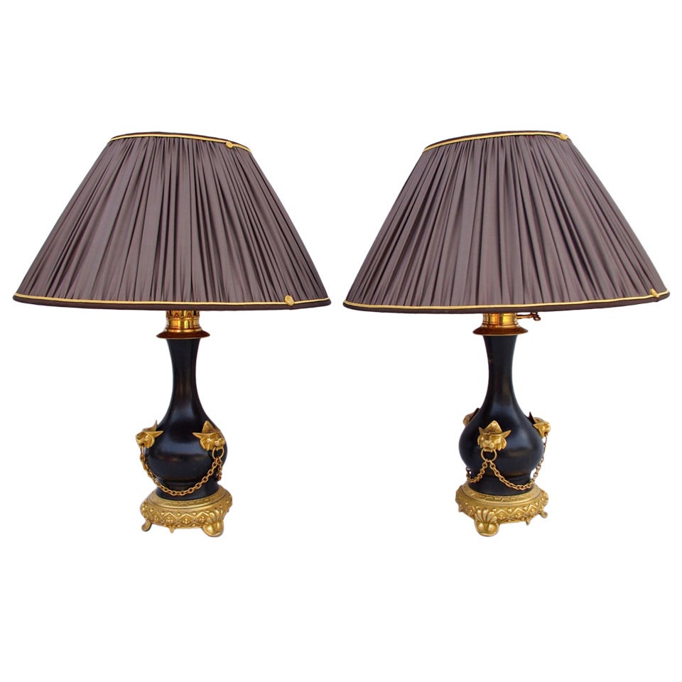 19th C. Pair Of Lions Heads Lamps
