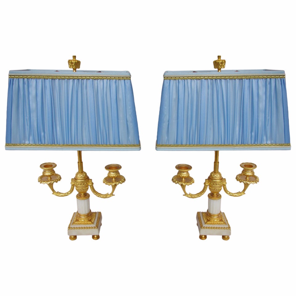 19th Centuy Pair of Louis XVI Style Lamps with White Marble