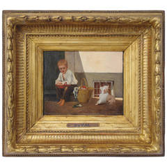 "Boy with His Dog" Oil on Wood Panel Signed by Duval, End of the 19th Century 8