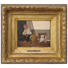 Duval, « Boy and his dog », Oil on panel, late 19th century