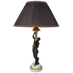 Antique Torch Electrified Lamp in Bronze on White Marble Base