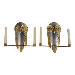 Pair of Metal Owl Sconces, 20th Century