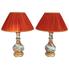 Pair of Kutani Lamps with Sumos, 19th Century