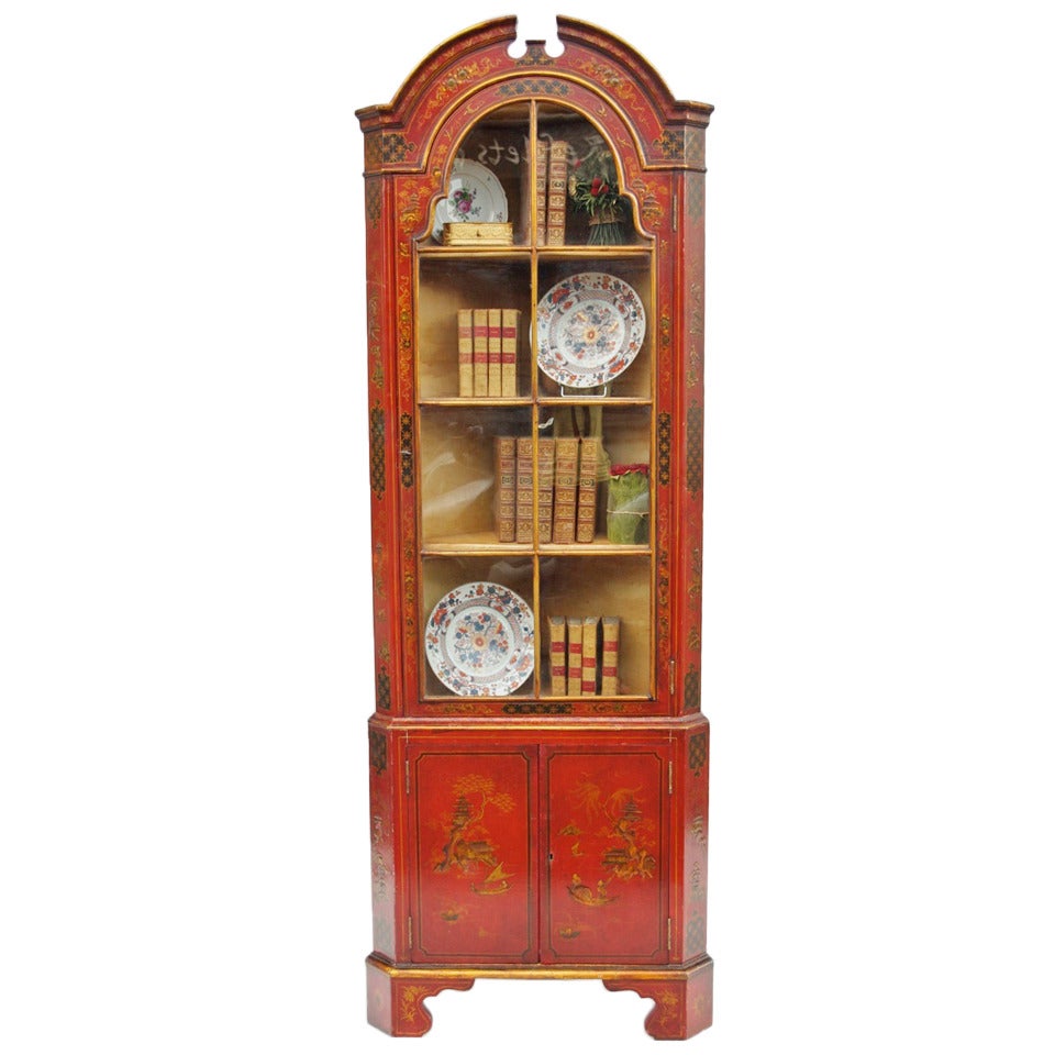 Red Lacquered Showcase Circa 1900 Used to Put Against a Corner