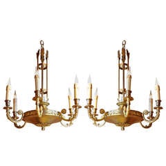 1960 Pair of Empire style chandeliers in gilded bronze and brass