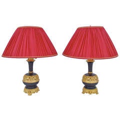 19th c. Pair of two patinas bronze open work lamps