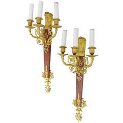 Pair of Empire Style and Retour d'Egypte Sconces in Mahogany and Gilt Bronze