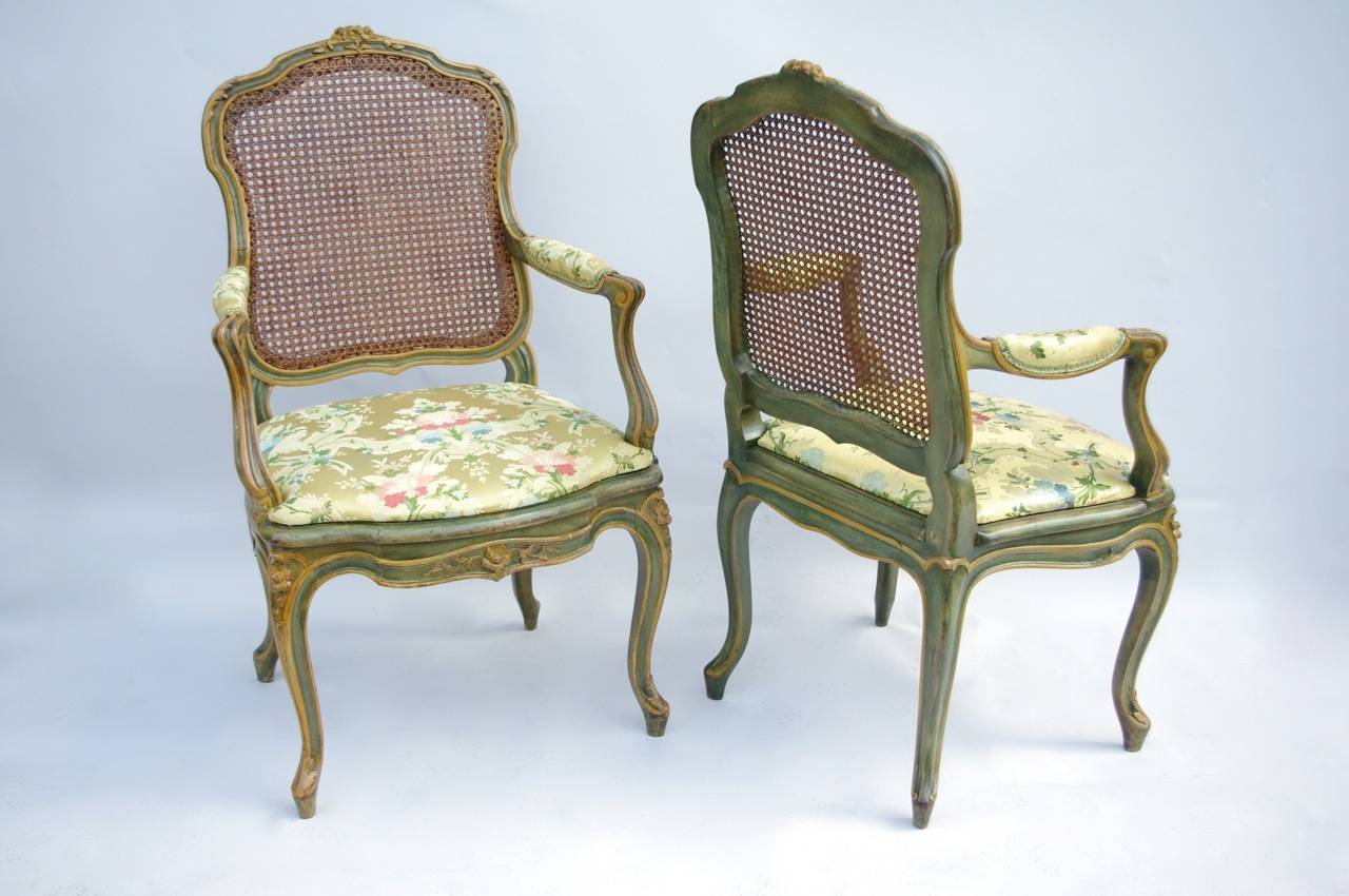 French Pair of Caned Louis XV Green Armchairs, circa 1900