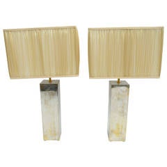 Pair of Square Base Lamps in Chromed Metal and Gold Reflects, circa 1970