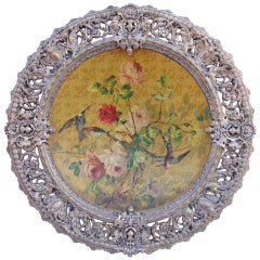 Antique Ornemental plate with birds and flowers, enamel and wrought iron, circa 1870