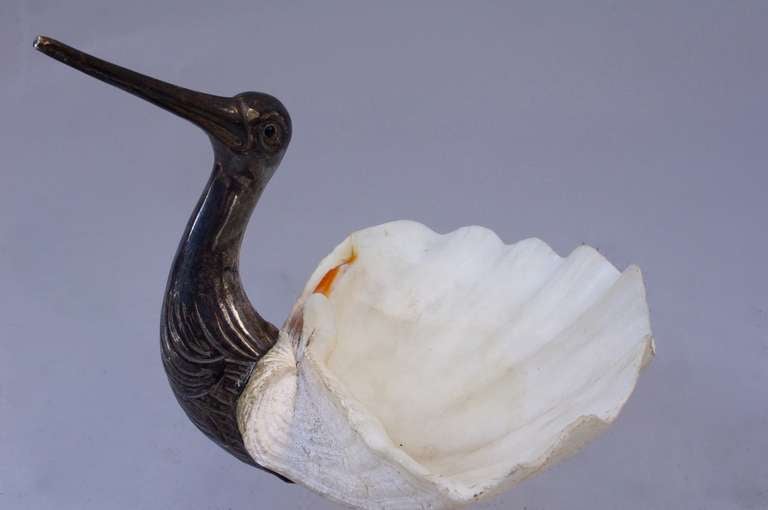 Italian Very Elegant Egret Sculpture with Shell Signed 