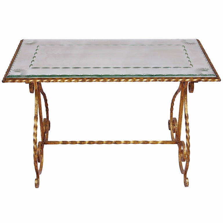 Gilt Wrought Iron Coffee Table with Engraved Glass Top