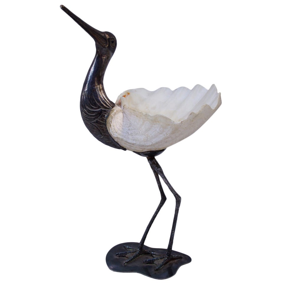 Very Elegant Egret Sculpture with Shell Signed "Binazzi Italy"