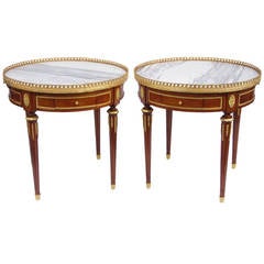Pair of Louis XVI Style Side tables / Bouillotte Tables with White Marble Tops