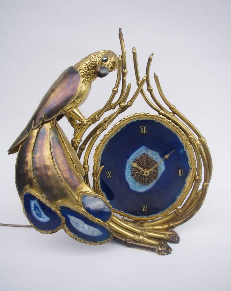 Parrot Blue Agate Clock, Signed Henri Fernandez, circa 1970