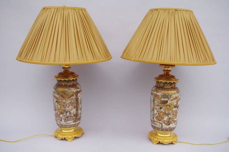 Pair of big Satsuma fine faience lamps circa 1880