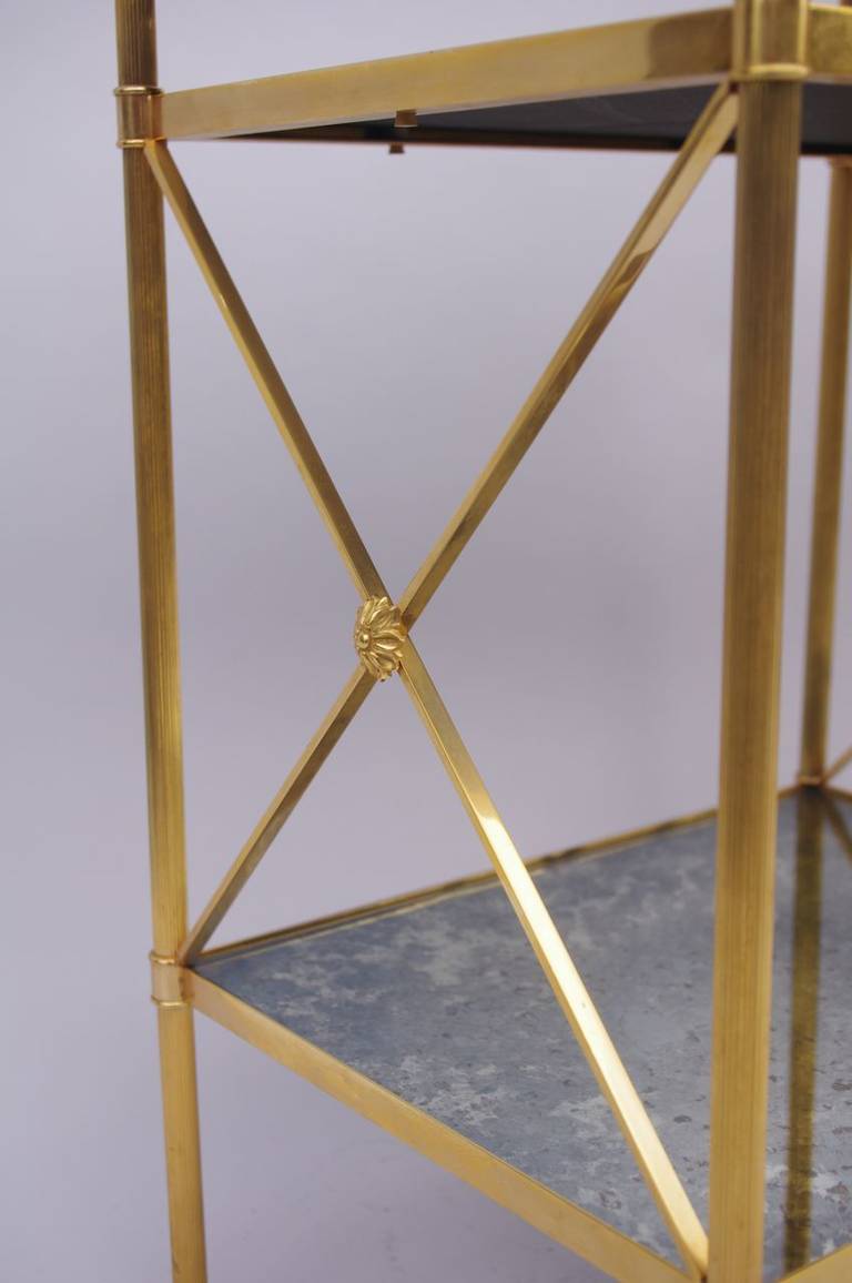 French Pair of Maison Jansen Side Tables in Gilt Brass and Oxidized Tops, 1970