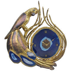 Parrot Blue Agate Clock, Signed Henri Fernandez, circa 1970