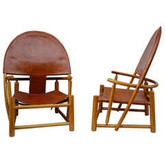 Pair of 1950 Armchairs in Leather and Beech