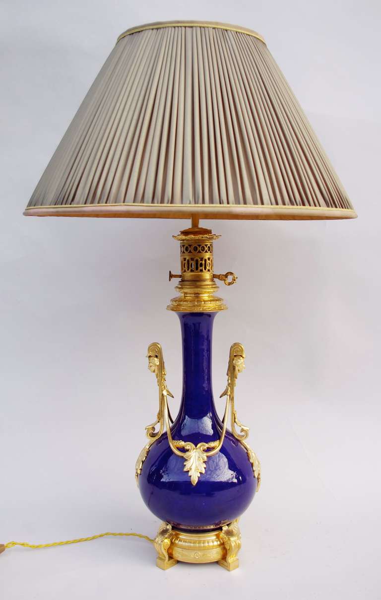 19th C. Large Lamp in Blue Paris Porcelain