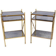 Pair of Maison Jansen Side Tables in Gilt Brass and Oxidized Tops, 1970