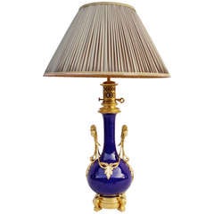 19th C. Large Lamp in Blue Paris Porcelain