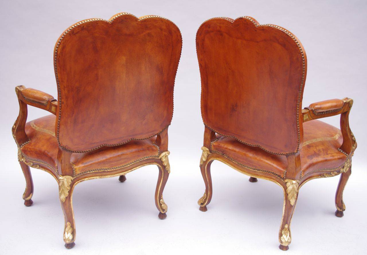Mid-20th Century Pair of Louis XV style brown leather armchairs circa 1950