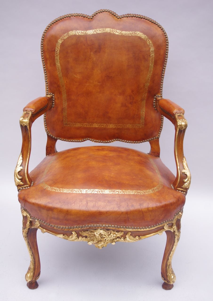 Pair of Louis XV style brown leather armchairs circa 1950 1