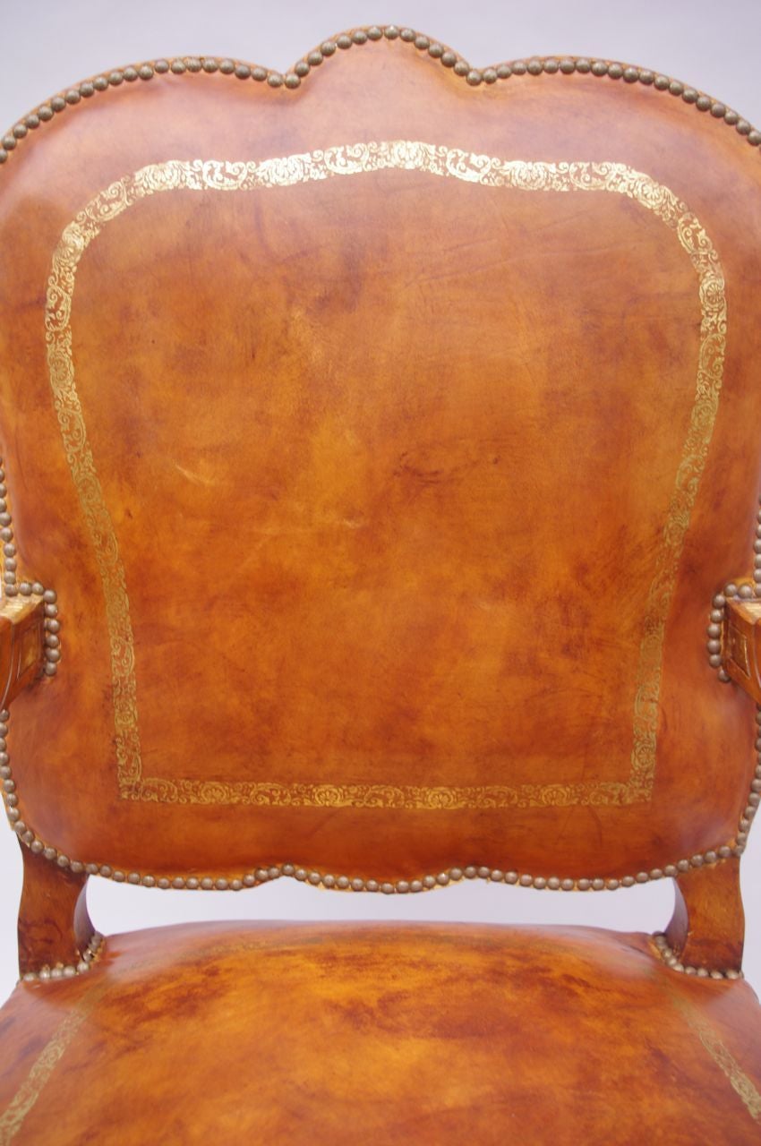 Pair of Louis XV style brown leather armchairs circa 1950 2