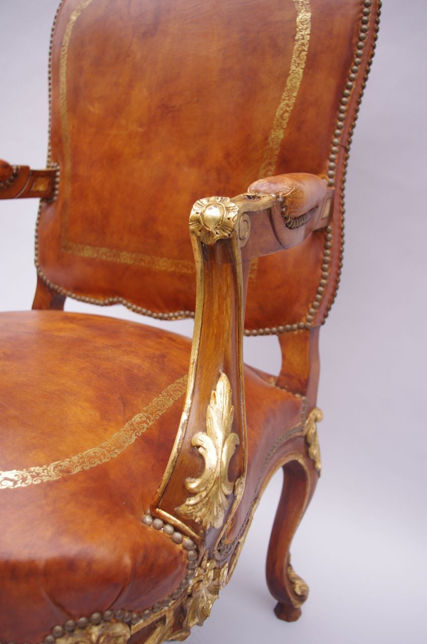 Pair of Louis XV style brown leather armchairs circa 1950 3