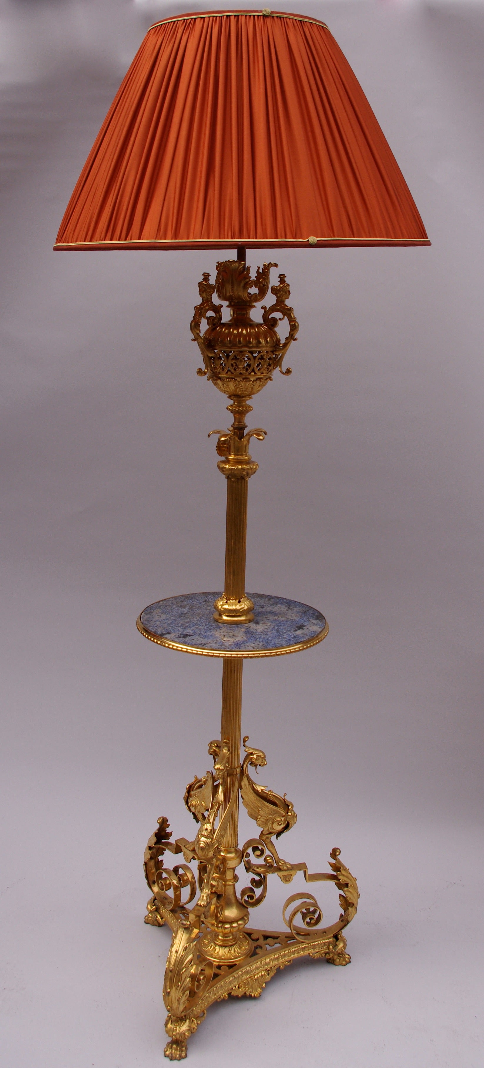 Renaissance gilded bronze floor lamp with pedestal table