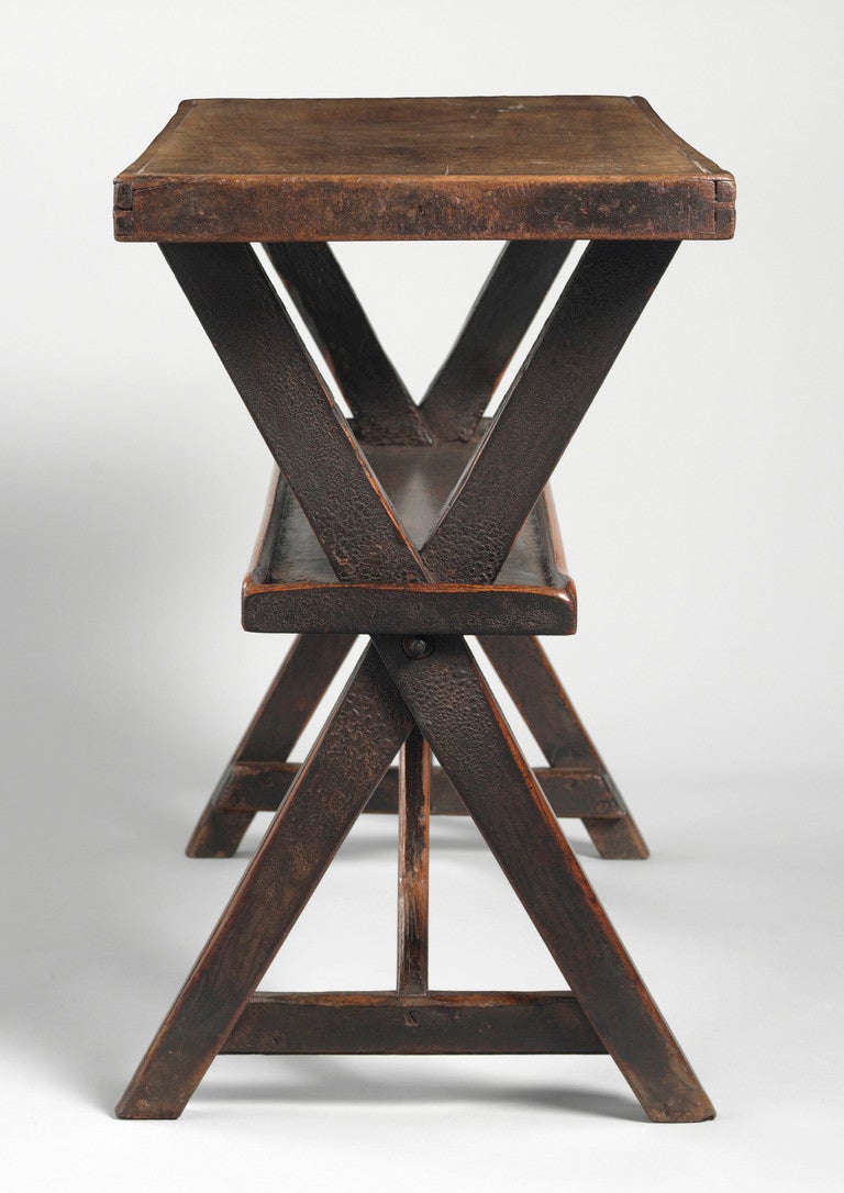 Of “X” Frame Trestle Construction 
With Unusual Lower Tiers and Angled Bracing Stretchers 
Various Richly Patinated Timbers Including Elm and Walnut 
English, c1800
31