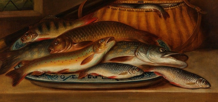 Oils On Canvas
Still Life Depicting a Days Catch, Rod and Creel
Within a Vintage Moulded Oak Frame with Gilt Slip
The Stretcher Later Inscribed to Reverse 'Eric with my best love. Oct 2nd 1925'
Frame bearing Label for Wiseman's Fine Art