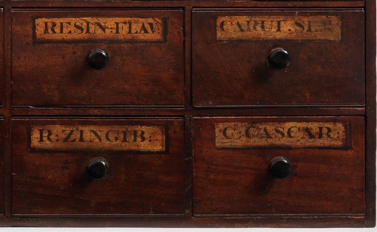 With Original Painted Labels
Well Patinated Solid Mahogany and Pine
English, c.1830
27½” high x 37½” wide x 9” deep

A particularly fine example of a nest of working drawers which would originally have been made as fitments for a working