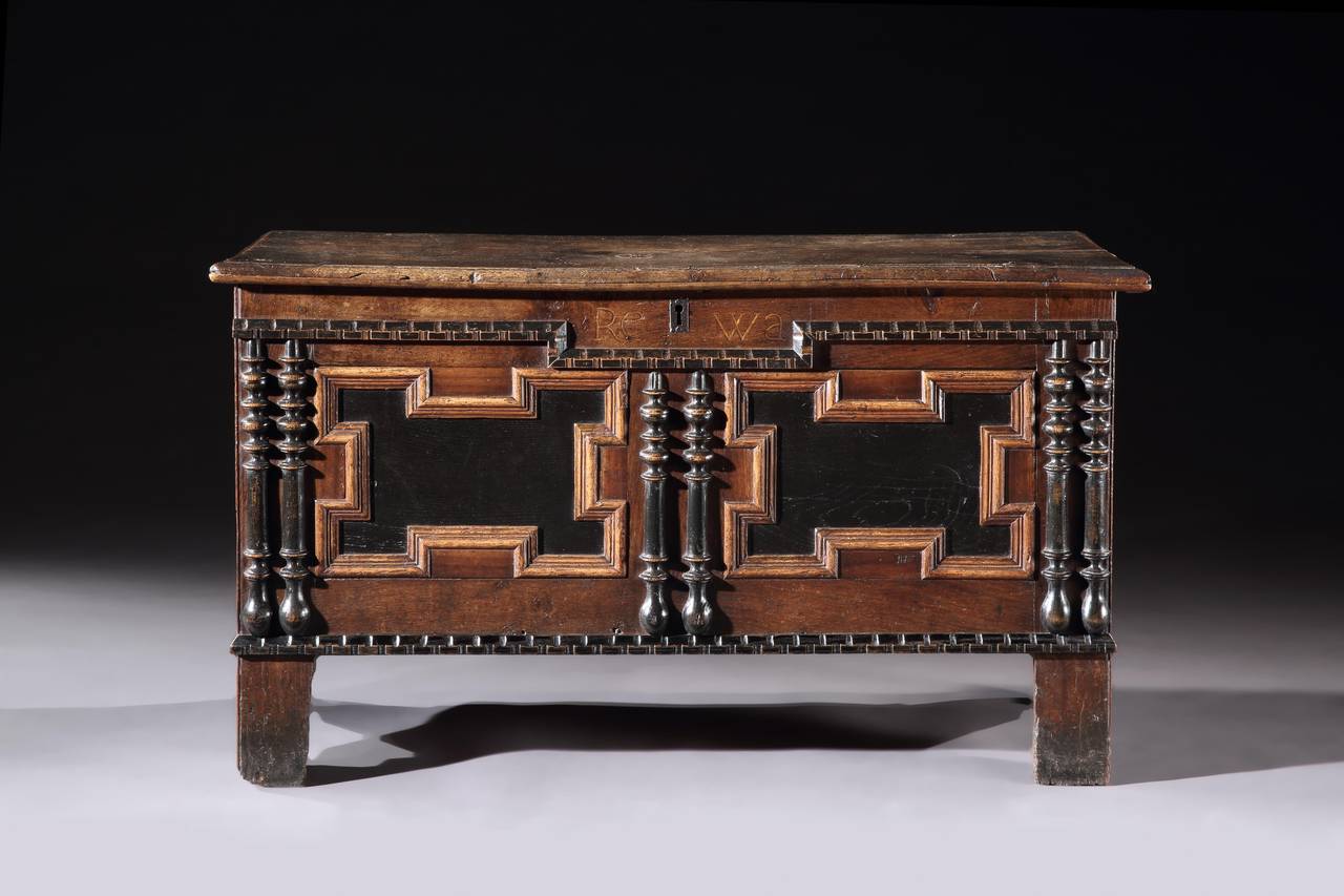 With Generous Split Baluster Decoration
Solid Oak and Fruitwood with Ebonised Details
Inlaid with Date “1703” and the Initials “Re Wa”
English or possibly American, c.1703
27 ¼” high x 46” wide x 18 ¼” deep

Unusual features, such as the