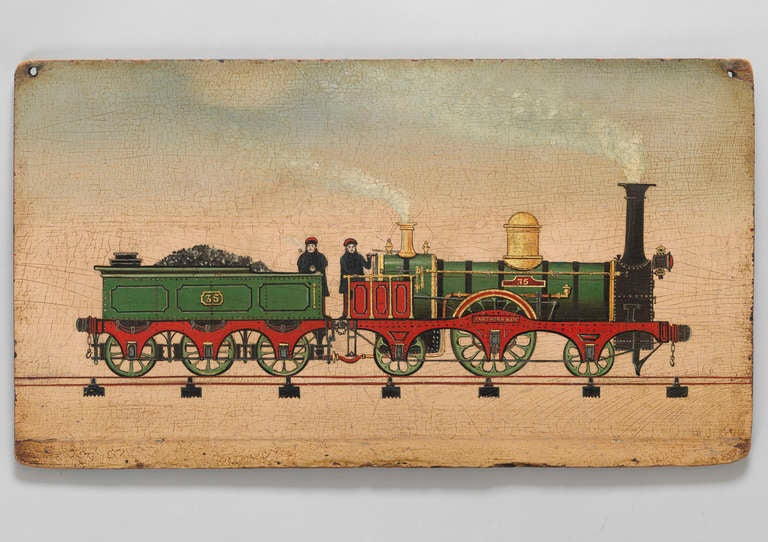 Graphically Depicted on Rails, under Steam, with a Coal Filled Tender, Driver and Fireman
Rare British 19th Century Naive School, Oils on Early Wooden Panel
The Locomotive Inscribed 'North British 35' and Hawthorn and Co'
English, c1850
24