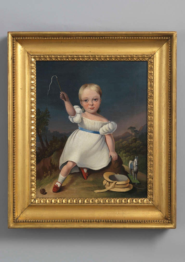 Of a Seated Child in a White Dress
Oils on Canvas within Period Gilt Frame
English, c.1830
18½” wide x 20½” high (framed)
12½” wide x 15” high (unframed)

This charming small child portrait retains very good colours and has an engaging