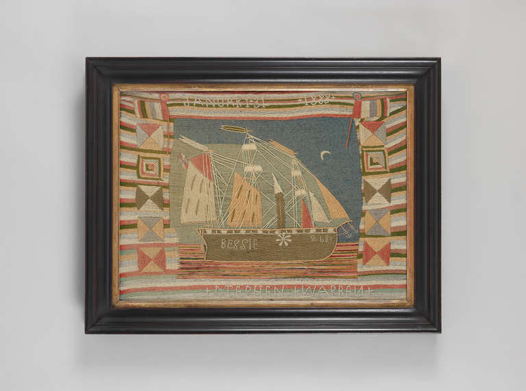 Depicting a three-masted steam ship, geometric flags and symbols
Embroidered colored wools

Inscribed: JANUARY +3 1 +1 8 8 8+ BESSIE 2.681 +STEPHEN +WARREN+