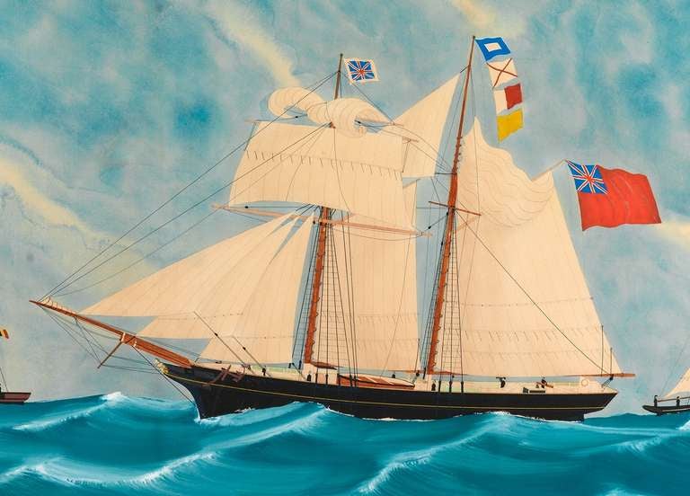 By Anton De Clerk (1842-1899) 
Gouache, Watercolour and Pencil on Card 
Signed and Inscribed 'Antwerp 1885'
Belguim

Comparative Literature: Kenneth R martin, 'The Maritime Folk Art of A. De Clerk: Maine Maritime Museum 1992, Page 9. 