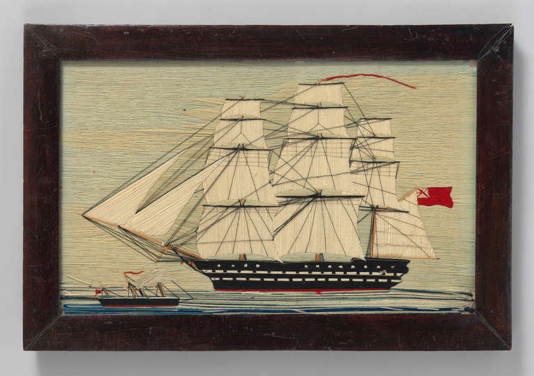 Depicting a Three Masted Ship in Full Sail
With Smaller Attendant Steam Ship
Embroidered Coloured Wools and Cotton on Linen
English, C1860
18 ½” high x 27 ½” wide x 1 ½” deep (Framed)

Depicting a three masted ship under full sail with smaller