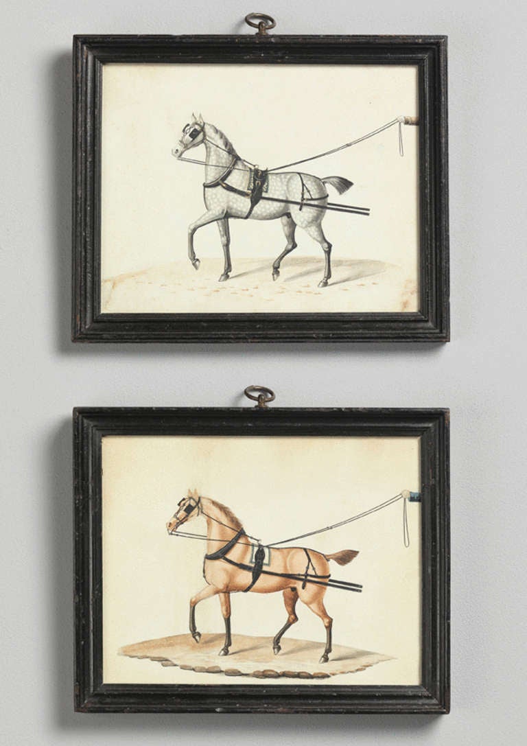 Describing Harness Details
Pen, Ink and Watercolour on Paper
English c.1810
8.5” high x 10.5” wide

An unusual pair of watercolour drawings, depicting harness details for carriage horses. This delightful pair of fine naive drawings, (possibly
